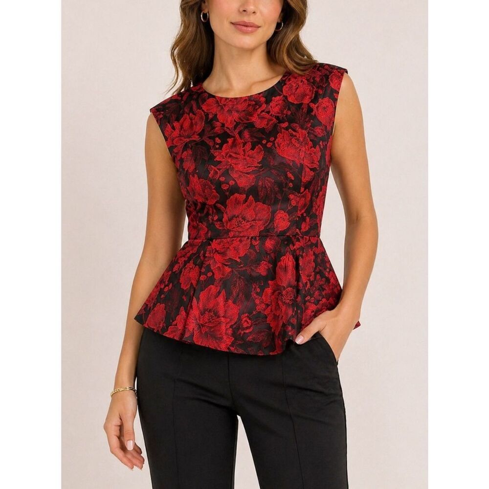 Preston & York Red Black Floral Peplum Top Size 10 Sleeveless NWT